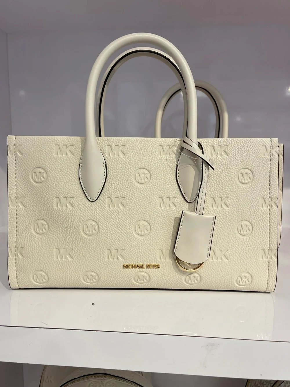 Michael Kors Mirella Md Logo Debossed Satchel Shoulder Tote Handbag Lt Cream NWT
